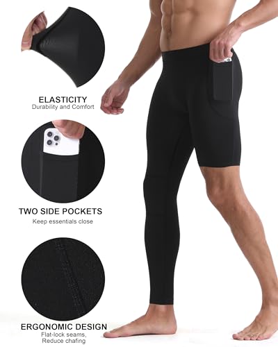 Roadbox Men's Basketball One Leg Tights, 1/2 Single Leg Compression Pants Sports Base Layer Leggings Underwear with Pockets4