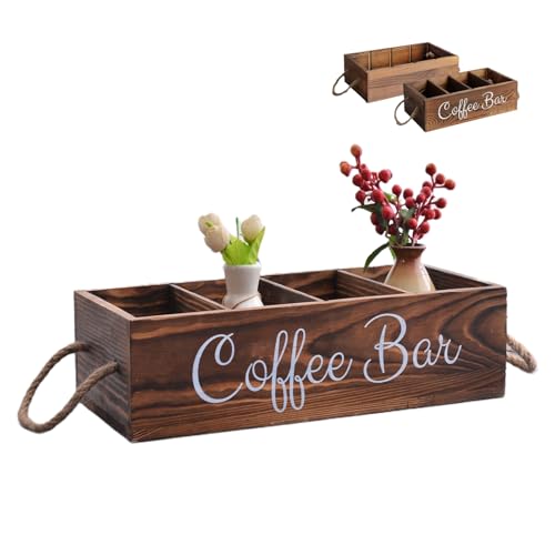 Image of LONG TAO Coffee Station Organizer with Removable Dividers Rustic Bar Accessories Storage Farmhouse Coffee Pod Holder Basket With Handle Wooden Condiment Organizer for Countertop (Brown)