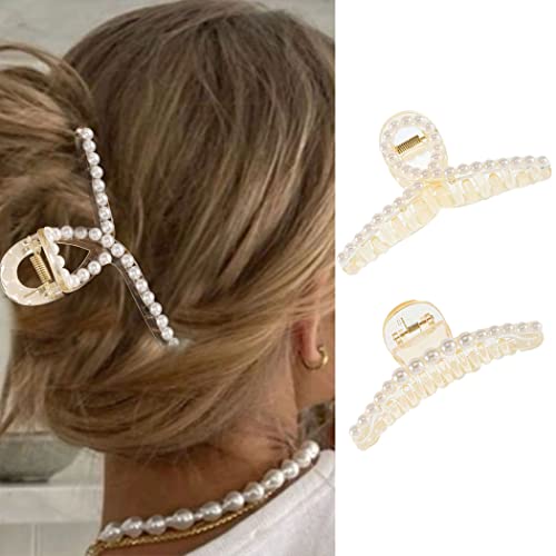 Casdre Pearl Hair Claws Clip Transparent Banana Jaw Clip Hair Claw Barrette Strong Hold Hair Clip Hair Clamps Fashion Hair Accessories For Women And Girls(Pack Of 2) #TOP12