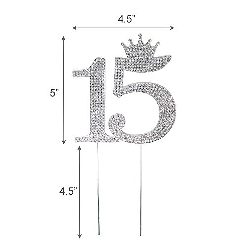Number 15 Quinceanera Rhinestone Princess Crown Monogram Cake Topper - Sweet 15Th Birthday Party (Silver) #TOP6