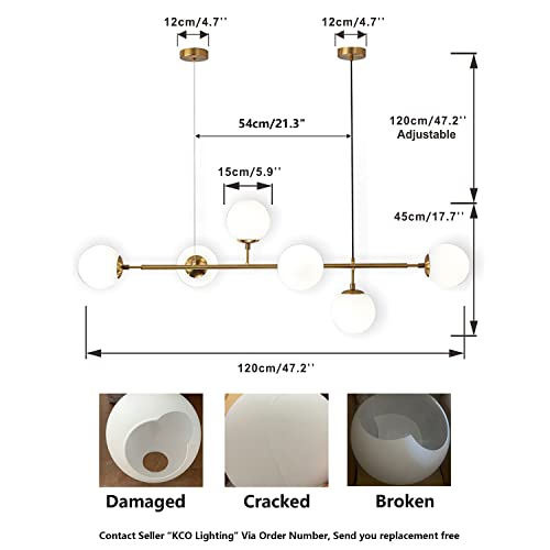 Kco Lighting Modern Brass Chandelier Mid Century Gold Sputnik Pendant Light 6-Light Glass Globe Linear Chandelier Adjustable Kitchen Island Pendant Lighting (Gold+White) #TOP1