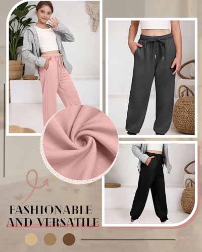 3 Pack Joggers for Girls Kids Sweatpants Ribbed Cuff Elastic Waist Drawstring Fall Casual Teen Pants with Pockets3