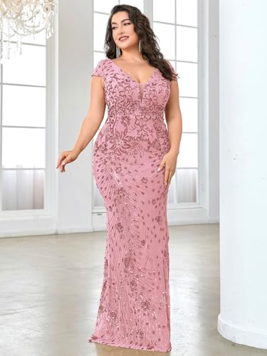 Image of Plus Size Womens Sequined Long Evening Gown Glamous Sleeveless V-Neck Mermaid Prom Dress for Wedding Party