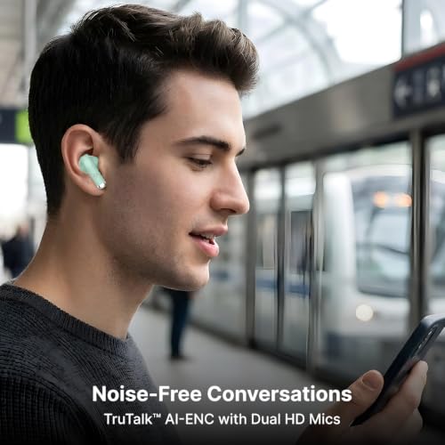 Image of pTron Bassbuds Encore in-Ear TWS Ear Buds w / 50 Hrs Playtime, Custom EQ, Mobile App, 13mm Drivers, Pristine Sound, BTv6.0 Headphones, Touch Control, Voice Assistant, Type C Charging & IPX4(Meadow)