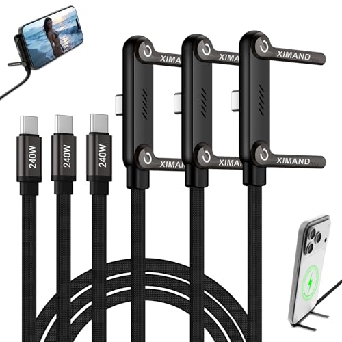 Image of Invisible Holder Charger Cable, 240W Fast Charging Cord, USB-C to USB-C Cable 1.5 M /4.9 FT with 360 Adjustable Metal Stand, 2 in 1 Holder Charger for Gaming, Office, Home, Black, 3 PACK
