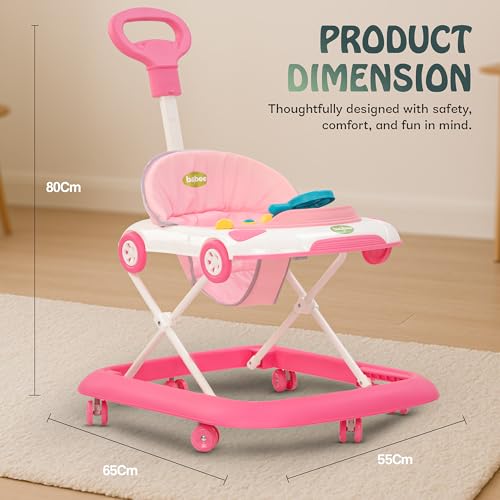 Image of Baybee Pastel Bliss Baby Walker for Kids | 3-Level Height Adjustable Walker with Parental Push Handle & Musical Toy Bar | Foldable Activity Walker for Babies 6 to 18 Months (Pink /White)