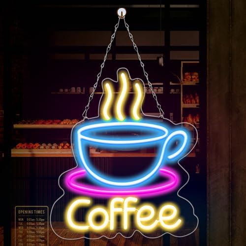BORDEAG Cartel de neón LED de café, 43 x 33 x 2 cm, acrílico, montaje en pared, USB