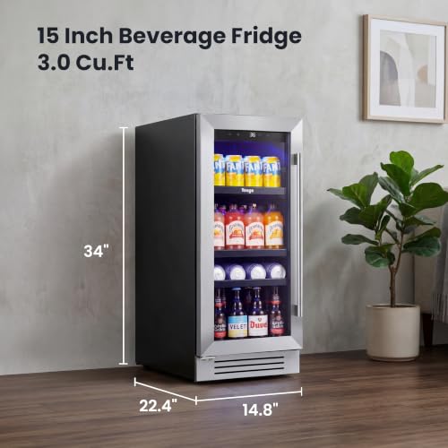 Image of Yeego 15 Inch Beverage Refrigerator, Beverage Cooler Stainless Steel Refrigerator Built-in or Freestanding, Small Wine Fridge with Glass Door, Drink Fridge for Beer, Soda, Wine (Left-Hinged)