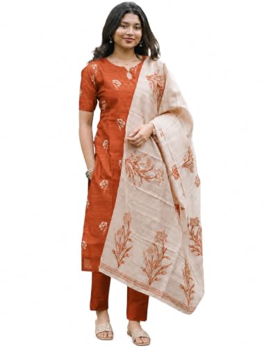 Image of Sun Fashion And Lifestyle Kurta Sets for Woman | Kurti Set | Women's 3 Piece Kurta Pant Dupatta Set |Chanderi Silk Kurta Woman | Elegant Suit for Women | Dupatta