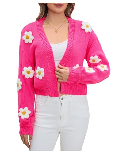 Image of MakeMeChic Women's 3D Floral Cardigan Sweaters Open Front Cropped Cute Cardigan Lantern Sleeve Outerwear