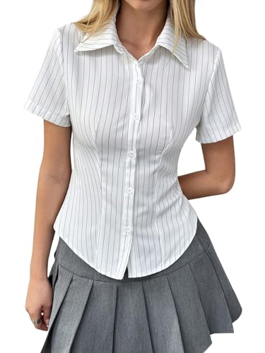 Image of Aahwan White Solid Button-Down Striped Print Casual Short Sleeve Shirt for Women's & Girl's