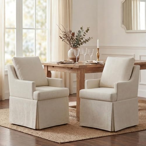 UVV Upholstered Dining Chairs Set of 2 Modern Kitchen Chair Dining Room Chair with 4 Casters Linen Armchair for Bedroom Reading Room Living Room Beige