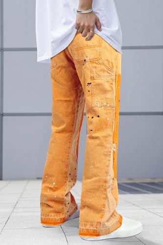 GINGTTO Mens Flared Jeans Stretch Elastic Waist Carpenter Denim Pants for Men Contrast Painted Design Yellowish Brown 344