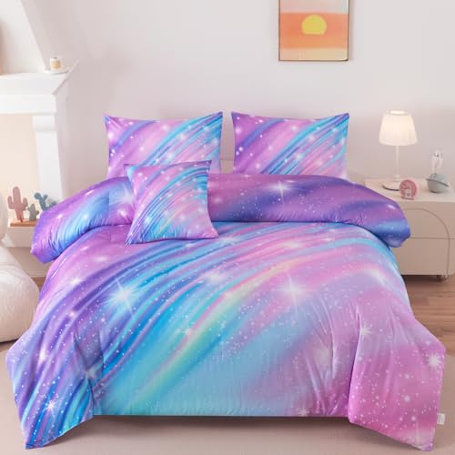 Image of Full Bedding Set for Girls, Glitter Rainbow Comforter Set for Girls, Galaxy Purple Bedding Sets Full Size