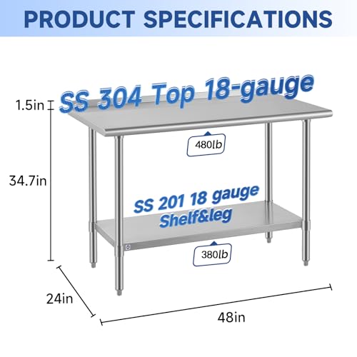 Image of ROCKPOINT SS304 Top All Stainless Steel Table for Prep & Work with Backsplash 24x48 Inches, NSF Commercial Kitchen Heavy Duty Table with Adjustable Undershelf for Restaurant,Kitchen, Home and Hotel