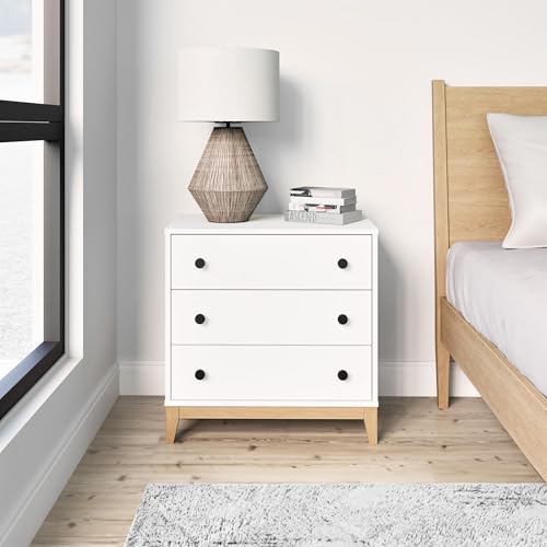 Image of Prepac Nordik Nightstand Bedside Table, White & Oak Nightstand for Bedroom, End Table with 3 Drawers 16 inch D x 26.5 inch W x 26.75 inch H, WODNR-2203-1