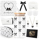 Youerls Geschenke für Mädchen Teenager 9 10 11 12 13 14 15 16 Jahre, Geburtstag Geschenk Mädchen Teenager Frauen, Glasbecher mit Strohhalm und Deckel, Kosmetiktasche Schwarze Schleife Kaffeetasse