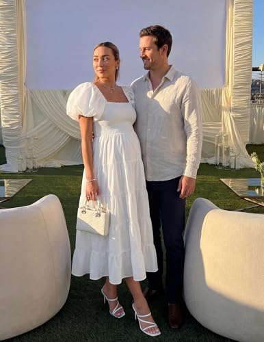 Image of ZESICA Women's 2026 Summer Puff Sleeve Midi Dress 2026 Boho Solid High Waist Flowy Beach Wedding Guest Long Dresses