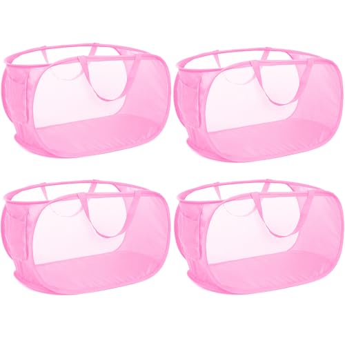 Image of 4 Pcs Durable Collapsible Laundry Baskets, Foldable Large Opening Pop Up Laundry Hamper with Pocket, Clothes Hamper with Handles for Laundry, Bathroom, Kids Room, Dorm or Travel Pink