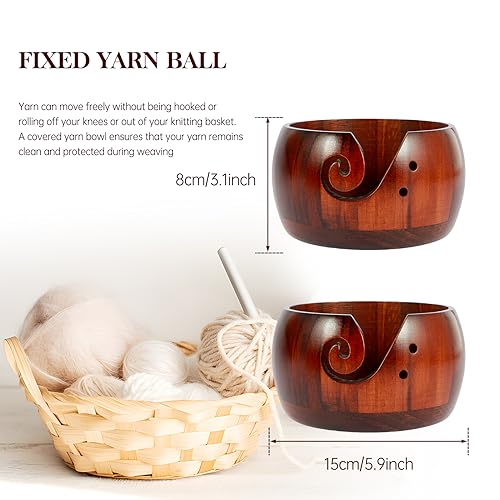 Image of Wooden Yarn Bowl with Lid, 6in Round Knitting Yarn Holder Bowl with Carved Holes,Crochet Bowl for Yarn,Pine Wood Weaving Thread Bowl, Yarn Storage Bowl for Crocheting Accessories (Dark color