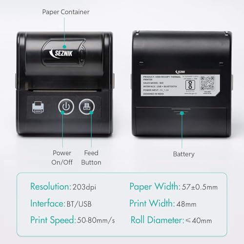 Image of SEZNIK Veer Bluetooth+USB Thermal Receipt Printer 48 mm | Rechargeable Inkless | Mobile, Desktop Compatible | 1 Year Warranty (Veer - Receipt Printer)