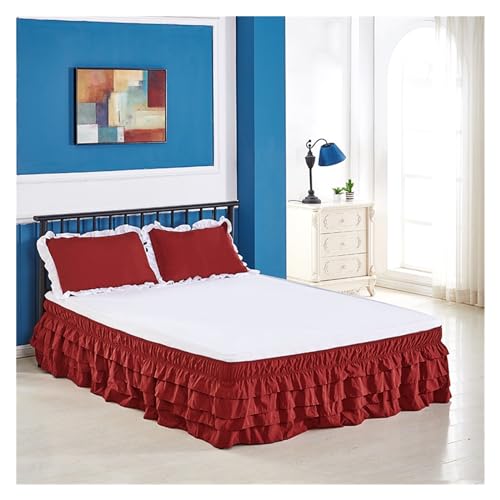 Falda Falda de cama con volantes de 4 capas, falda de cama elástica envolvente, cubierta de cama sin superficie, falda de cama de Hotel for el hogar, doble/completa/reina/rey(Wine Red,FULL 120x200x45c