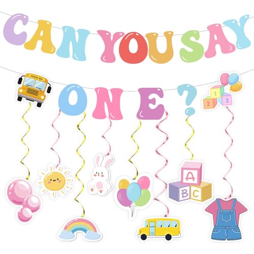 Can You Say One Rachel Teacher Party Decorations Can You Say One Party Banners 1st Birthday Hanging Swirl Party Garland for Cartoon Teacher Fans Baby Shower Birthday Classroom Girls Party Supplies Wall Decorations