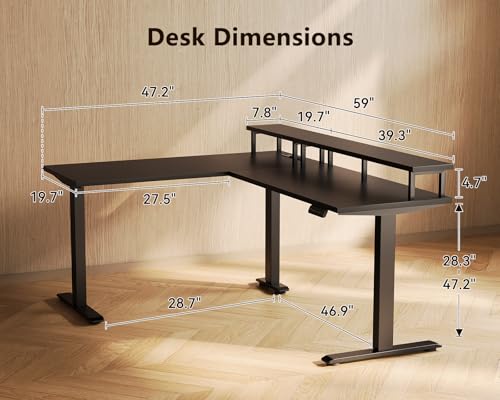 Image of AODK Electric L Shaped Standing Desk with Monitor Stand, 59 Inch Height Adjustable Corner Desk with Power Outlets, Large Sit Stand Table, Reversible Computer Desk for Home, Office, Black