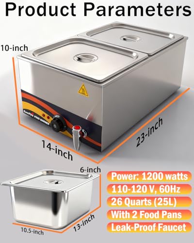 Commercial Stainless Steel Bain Marie Buffet Food Warmer Steam Table, 2 Sections, Leak-Proof Water Tank, Drain Tap & 1/2 Size Pans, for Restaurants, Catering, Buffet Servers and Warmers, Parties, Home