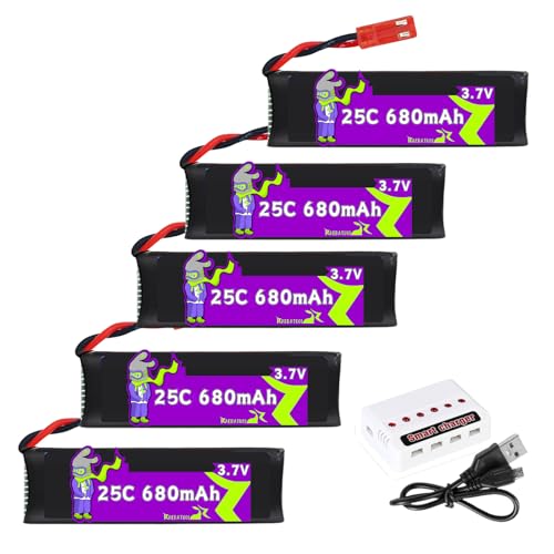 Raebatuol 5 Pcs 3.7V 680mAh 25C JST Plug(red) LiPo Battery,Fit for UDI U817 U817A V959 V222 V929 RC...