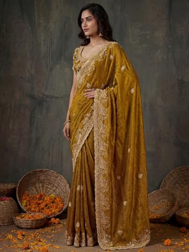 Image of SIRIL Women's Tissue Silk Scalloped Border Embroidery Saree with Unstitched Blouse Piece