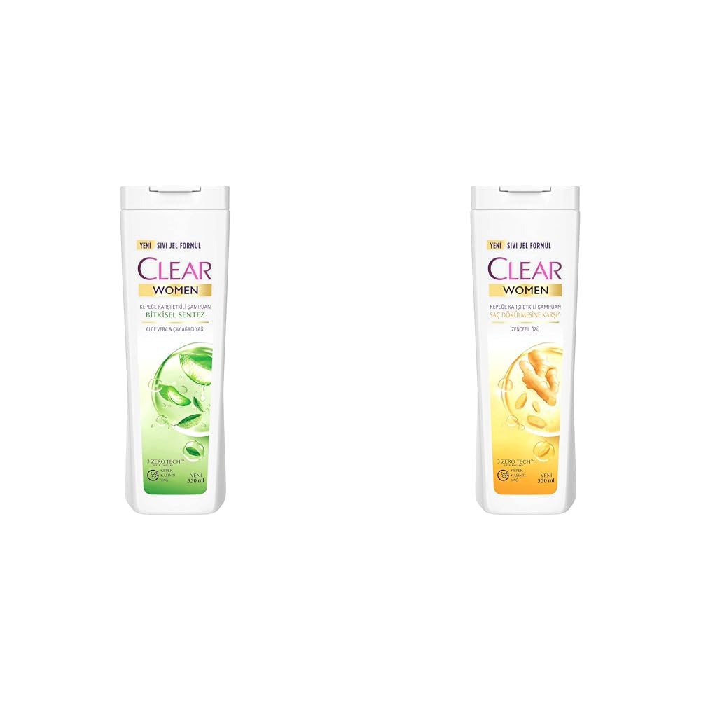 Clear Women Kepeğe Karşı Etkili Şampuan Bitkisel Sentez Aloe Vera & Çay Ağacı Yağı 350 ml(2) Clear Women Saç Dökülmesine Karşı Zencefil Özü Kepeğe Karşı Etkili Şampuan 350 ml(1)