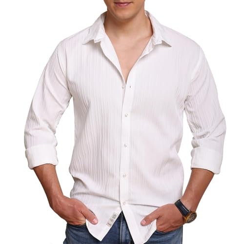 Image of FILO HEVIS Men's Casual Button Down Popcorn Shirts Stylish Long Sleeve Linen Textured Beach Summer Shirt