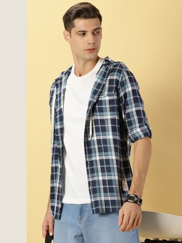 Image of Thomas Scott Men's | Checks | Full Sleeve | Regular Fit | 100% Cotton | Hooded | Casual Shirt