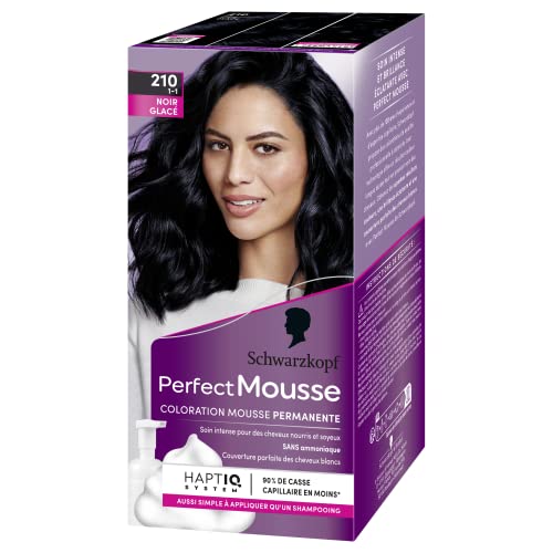 Schwarzkopf - Perfect Mousse - Coloration Cheveux - Mousse Permanente sans Ammoniaque - Masque Soin 96 % d'ingrédients d'origine naturelle - Noir Glacé 210