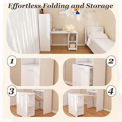Image of White Foldable Office Desk, Fold Out Convertible Hidden Murphy Computer Desk with Storage Shelves, Multi-Function Folding Writing Table for for Small Spaces, Home Office