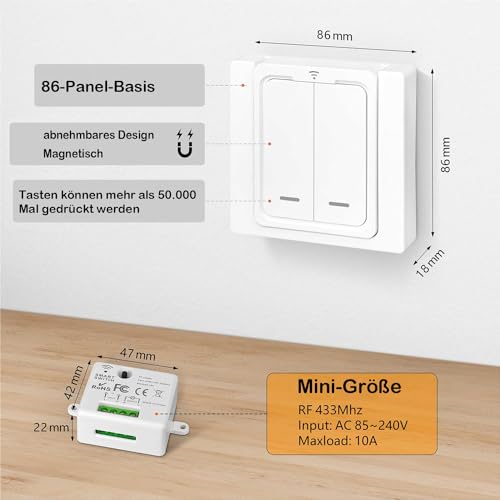 Tedeligo Kabelloser Lichtschalter Satz Funk, Mobiler Funksender Wandsender Licht 230V 100M Reichweite Funk Lichtschalter Für Lampe Keine Verkabelung Erforderlich, Leistung Bis Zu 2500W
