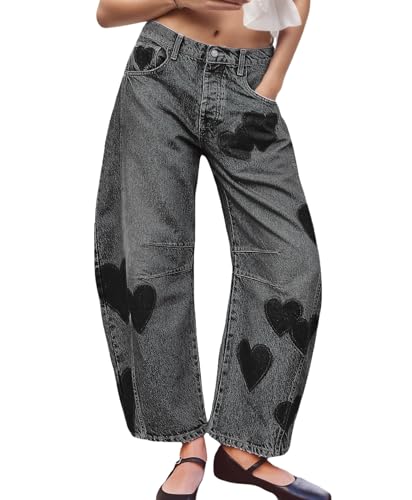 LifeShe Women's Wide Leg Baggy Jeans Low Waist Heart Barrel Loose Denim Pants