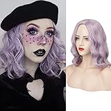 FESHFEN Pelucas Bob Cortas Pelo Onduladas Púrpura Claro, 36 cm Short Bob Wig Cosplay Parte Halloween Pelucas Mujer Niña Peluca Sintética Curly Wavy Wigs