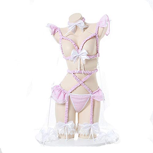 JasmyGirls Conjunto de lencería sexy para cosplay, ropa interior de anime kawaii Lolita, juego de roles, brasier a cuadros, pijama con gargantilla y liguero, rosa, XS/M
