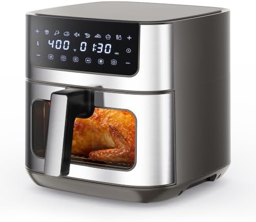 NEWBULIG Air Fryer 6.34QT Airfryer with Visible Window 400℉ Fast Heating Stainless Steel Air Fryers Oven with Nonstick and Dishwasher-Safe Basket 8-in-1 Cooking Preset with Timer Auto-Off