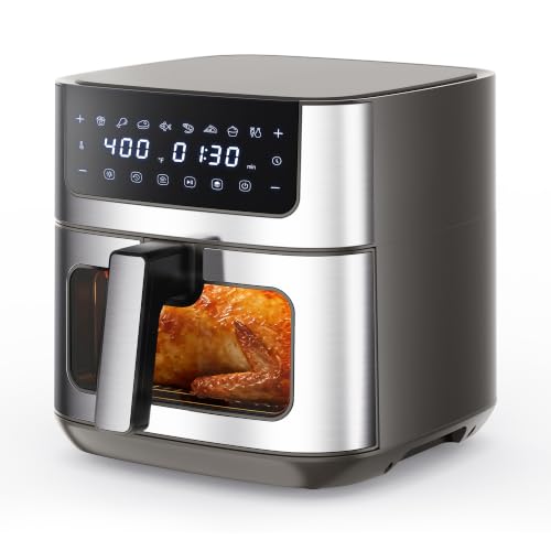 NEWBULIG Air Fryer 6.34QT Airfryer with Visible Window 400℉ Fast Heating Stainless Steel Air Fryers Oven with Nonstick and Dishwasher-Safe Basket 8-in-1 Cooking Preset with Timer Auto-Off