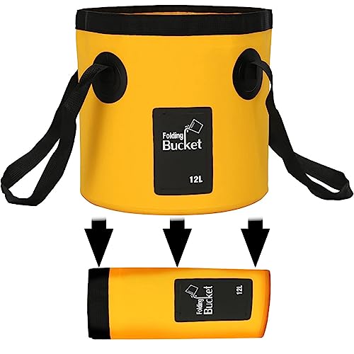 Collapsible Bucket Camping Water Storage Container 12L Multifunctional Portable Collapsible Fishing Bucket -Wash Basin Folding Bucket -Water Container for Fishing-Camping-Gardening (Yellow, 12L)