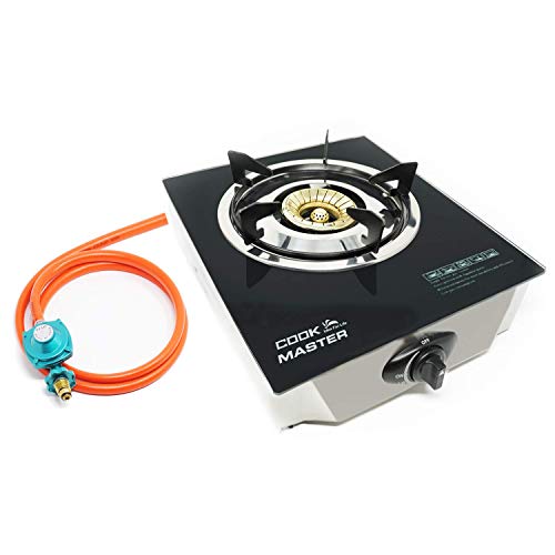 Haoo Cook master Single Propane Gas Burner Stove with Tempered Glass Top, Auto-ignition, Hose & Regulator, Perfect for Camping and Outdoor Cooking (One Burner)