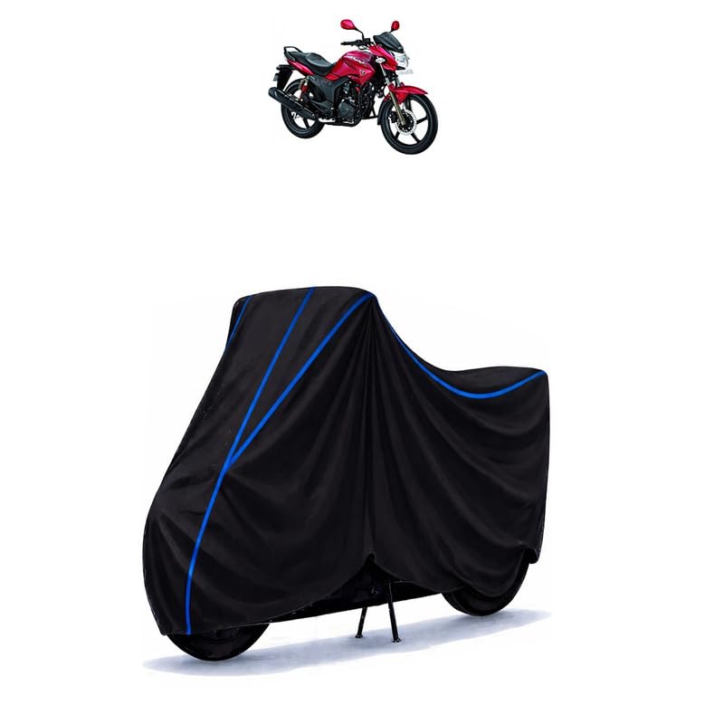 Image of Hero Hunk 150 R Bike Cover Water Resistant Universal Motorcycle Rain | Heavy Duty UV Protection, Dust, Scratch Indoor Outdoor All Weather with Black Blue Piping Elastic