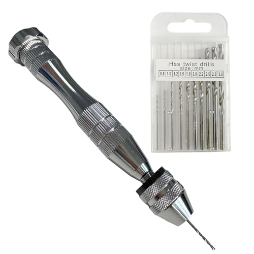 Handbohrer für Epoxidharz, Holz, Kunststoff, Perlen, Modellbau – Mini Spiralbohrer Set mit 10 HSS Bohrern 0,8–3 mm, Edelstahlgriff, 3-Backenfutter, Schmuck DIY Werkzeug