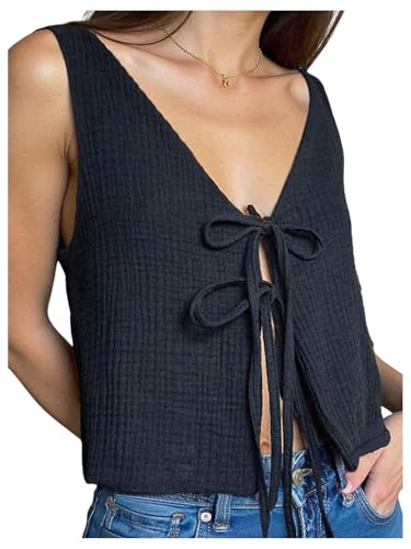 SOLY HUX Women's Bow Tie Front Sweater Vest Y2k V Neck Sleeveless Knit Going Out Tank Tops3