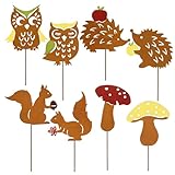 VALERY MADELYN 8er Rost Gartenstecker für Herbstdeko Draußen,25cm Bunt Rostoptik Gartendeko mit Igel Eule Pilze,Beidseitig Roststecker Metall für Innen Outdoor Blumentopf Terrasse,Geschenk Erntedank
