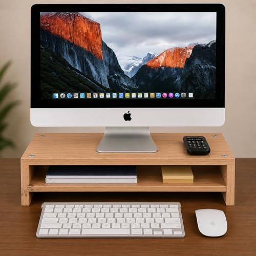 Image of Wooden Monitor Stand with Storage Organizer For Desk, Tables, Office, Home, Studio, Study Table | Desktop Ergonomic Monitor Stand Riser (Bavarian Oak, Large)