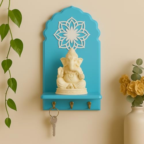 Image of Globally Indian Engineered Wood Keys Holder for Wall with Shelf |Mandala Design Key Stand Organizer for Home Entrance |Decorative Key Hanger for Wall, Entryway, Living Room |Floating Wall Shelf (Blue)